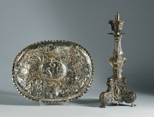 Candelabro barroco de plata.Taller Toledano, contraste Jos