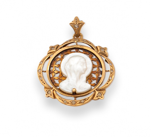 Medalla colgante de pp. s. XX con Virgen en nácar en marco 