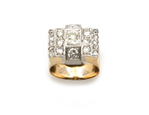 Sortija chevalière de platino y brillantes de talla antigua