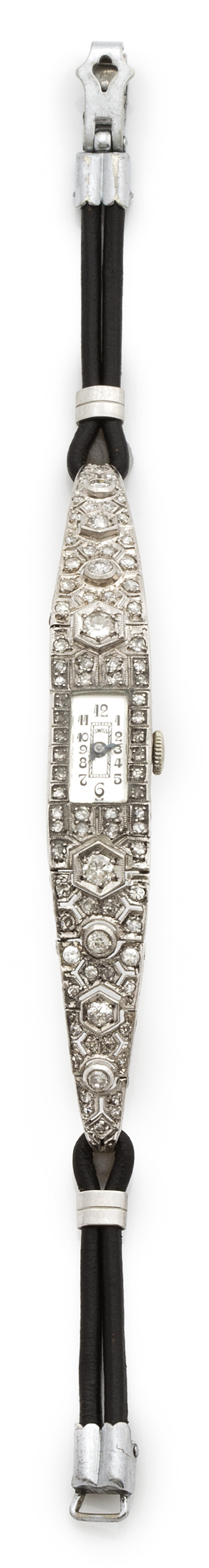 Reloj Art-Decó de brillantes y platino con pulsera de piel.