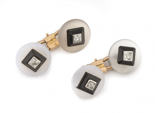 Gemelos dobles circulares Art-Decó con ágata blanca coronad