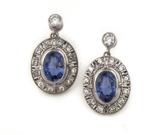Pendientes Art-Decó con zafiros Ceylán orlados de brillante