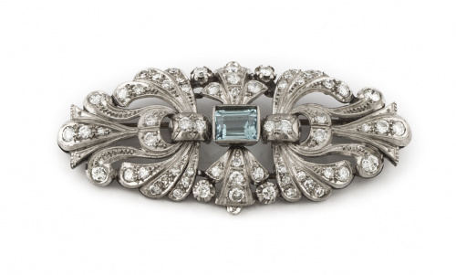 Broche placa años 30 con centro de aguamarina entre bandas 