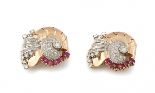 Pareja de broches clip años 40 con rubís y brillantes en di