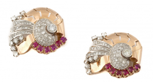 Pareja de broches clip años 40 con rubís y brillantes en di