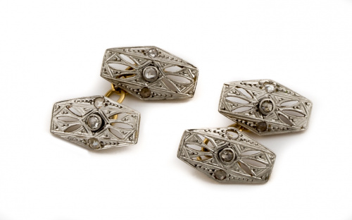 Gemelos dobles Art-Decó con piezas hexagonales caladas y co