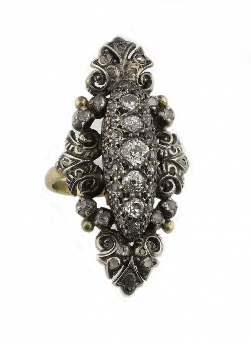 Sortija lanzadera de brillantes de talla antigua de pp. S.X