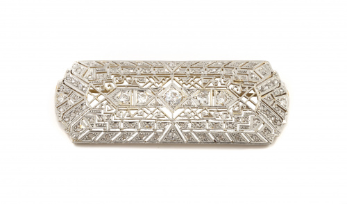 Broche placa Art-Decó de platino con cinco brillantes en lí