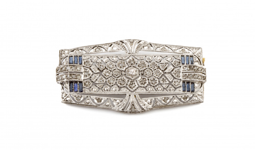 Broche placa Art-Decó de platino con brillantes y diamantes