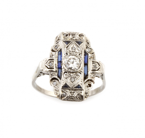 Sortija lanzadera Art-Decó con brillante en chatón central 