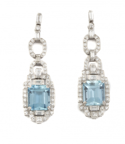 Pendientes largos estilo Art-Decó con aguamarinas de talla 