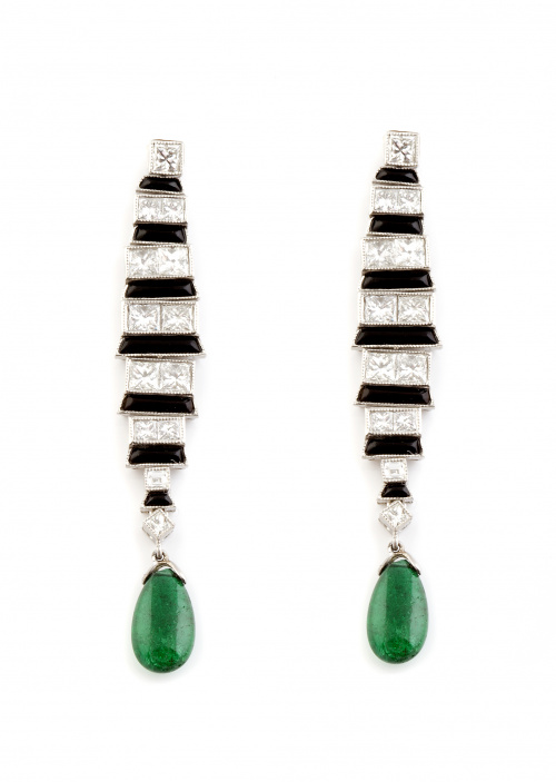 Pendientes estilo Art-Decó con brillantes y ónix en bandas 