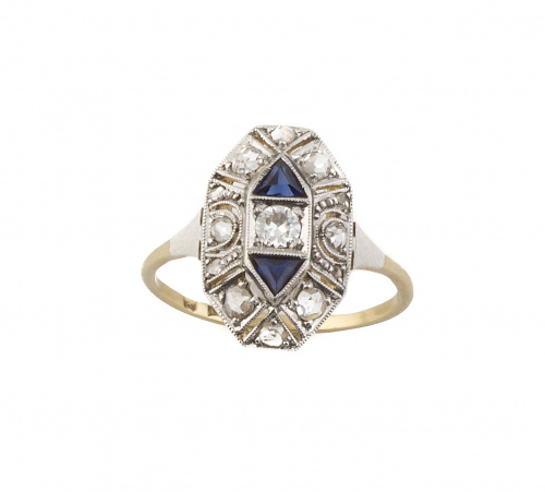 Sortija lanzadera octogonal Art-Decó con dos triángulos de 