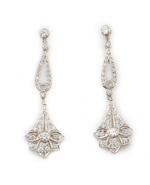 Pendientes largos de brillantes estilo Art-Decó con flor co
