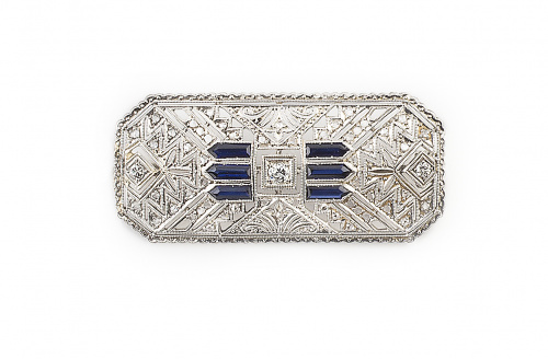 Broche placa Art-Decó de brillantes y diamantes con tres ba