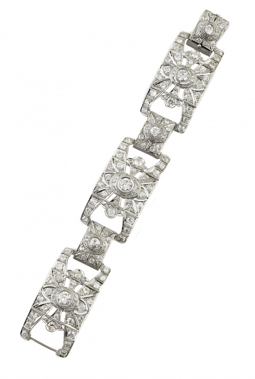 Brazalete Art-Deco de platino y brillantes con diseño geomé
