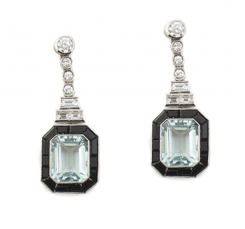 Pendientes largos Art-Decó de brillantes y aguamarinas en m