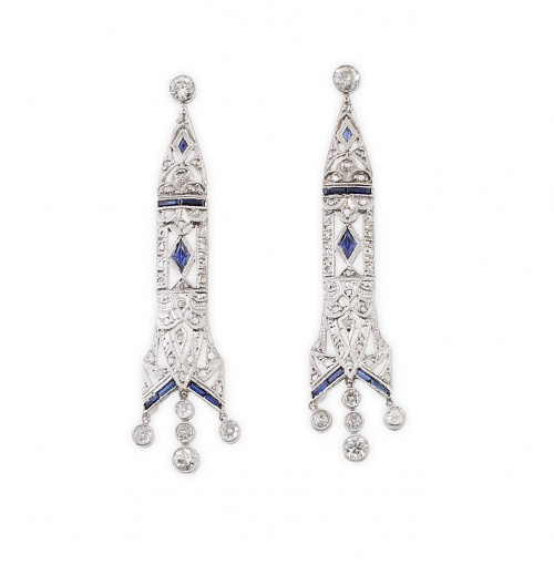 Pendientes largos Art-Decó, con diamantes y zafiros calibra