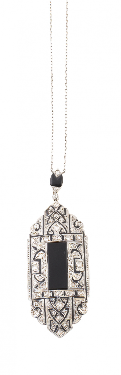 Colgante Art-Decó de diamántes y ónix, con diseño geométric