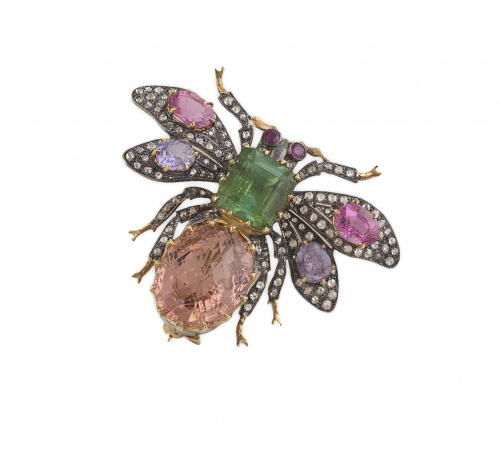 Broche abejorro de zafiros multicolor y diamantes; Con cuer