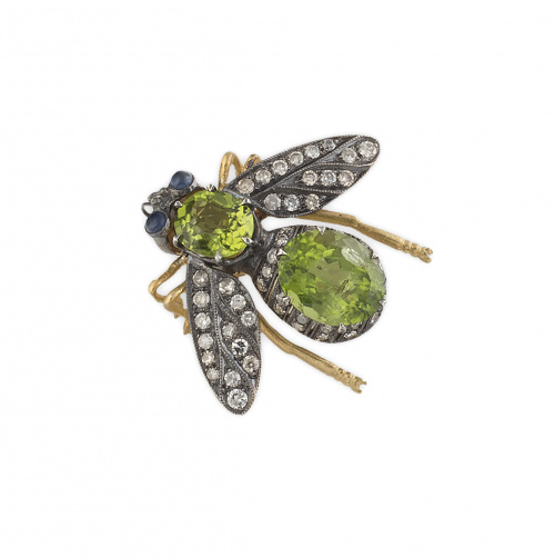 Broche abeja con cuerpo de zafiros verdes, alas de diamante