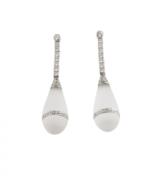 Pendientes largos estilo Art-Decó con perilla de cuarzo bla