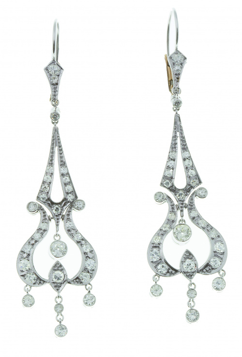 Pendientes largos de platino y brillantes estilo Belle Epoq