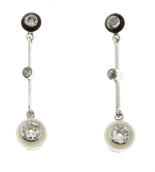 Pendientes largos estilo Art-Decó  de brillantes y esmalte 