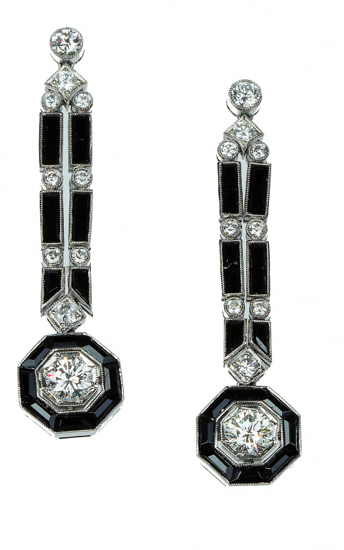 Pendientes lagos Art- Decó de brillantes y ónix con diseño 