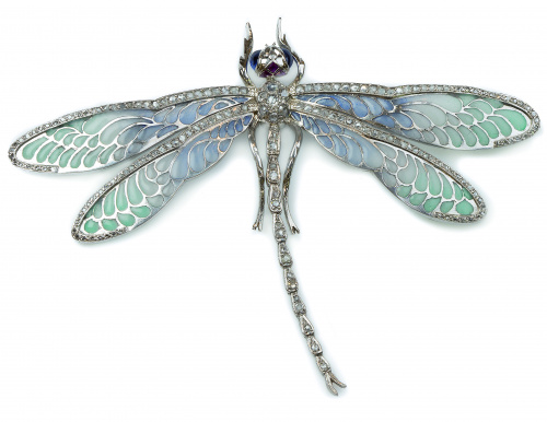 Broche libélula con alas de esmalte plique a jour, cabeza d