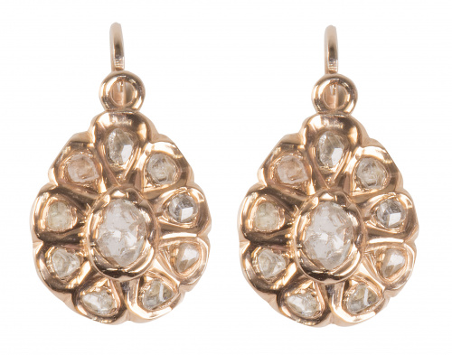 Pendientes con rosetón en perilla de diamantes S. XIX