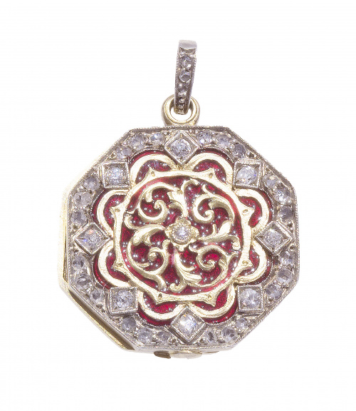 Colgante porta-fotos de pp. S. XX octogonal de brillantes y