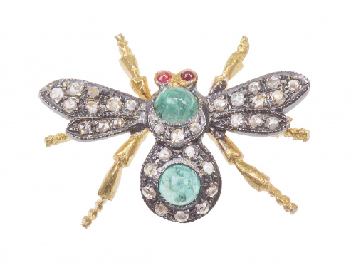 Broche en forma de mosca con esmeraldas, brillantes y ojos 