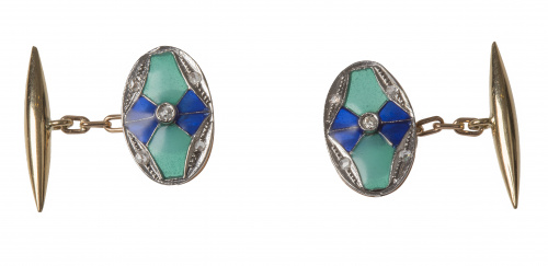 Gemelos Art-Decó ovalados de esmalte azul y verde con brill