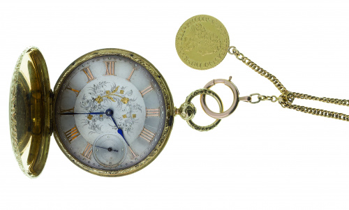 Reloj saboneta S. XIX en oro de 18K con leontina y moneda c