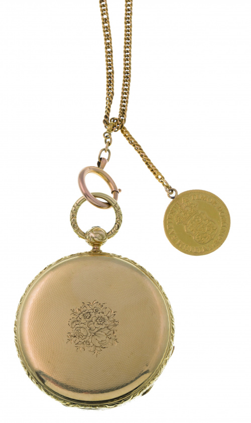 Reloj saboneta S. XIX en oro de 18K con leontina y moneda c
