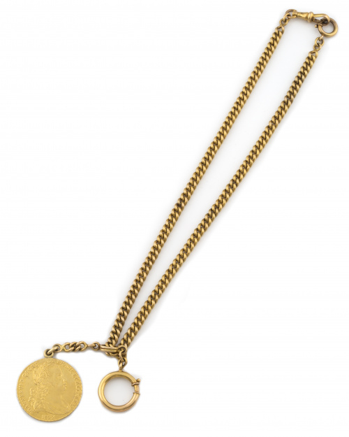 Leontina de eslabón barbado pps s XX, con colgante de moned