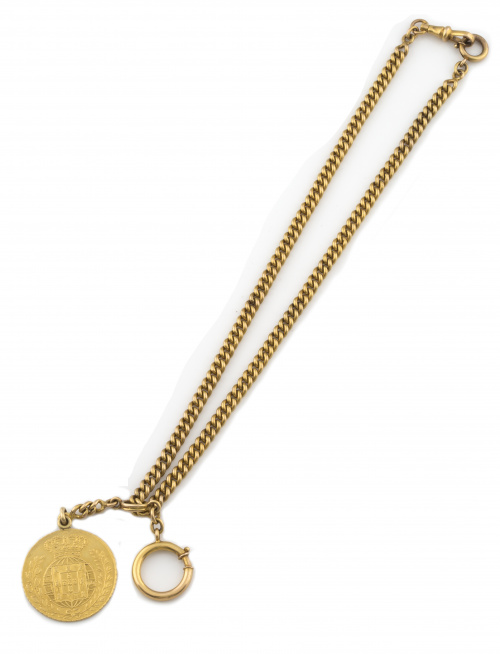 Leontina de eslabón barbado pps s XX, con colgante de moned