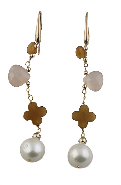 Pendientes largos con ágatas y cuarzos rosas facetados en f