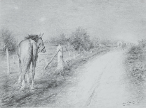 JOSÉ GONZÁLEZ (Escuela andaluza, S. XX)Paisaje con caballo