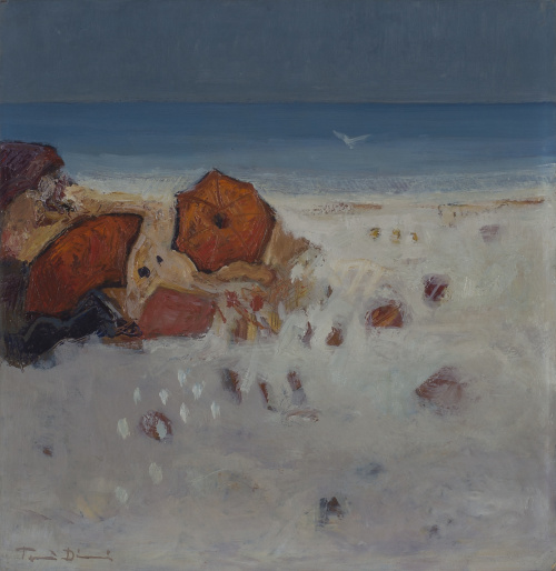 TONI DIONÍS (Pollença, 1945)Playa con sombrillas rojas