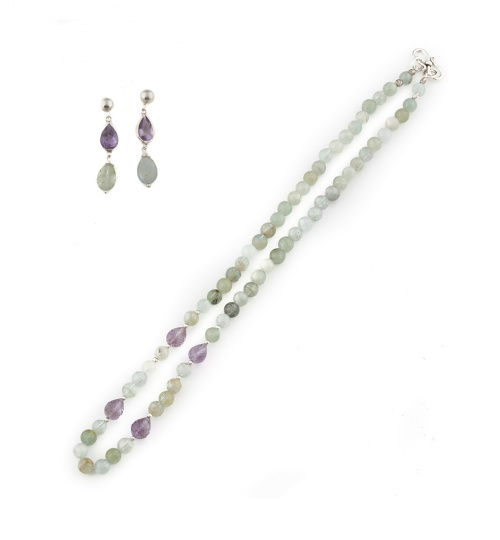 Conjunto de pendientes y gargantilla de cuentas de aguamari