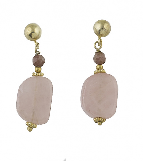 Conjunto de collar y pendientes en cuarzo rosa y rodonita a