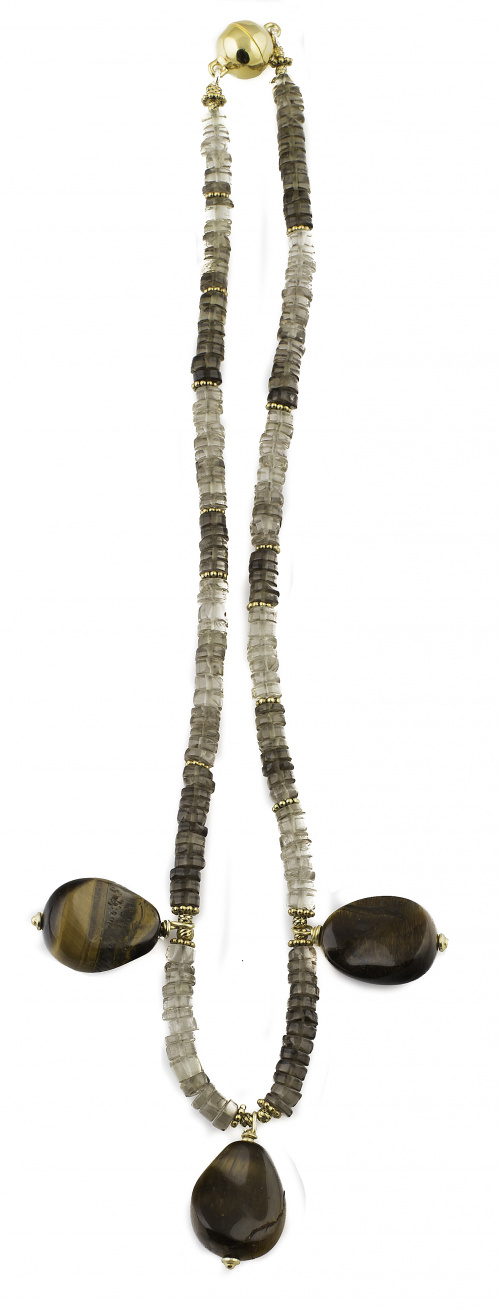 Conjunto de collar y pendientes en cuarzo ahumado y ojo de 