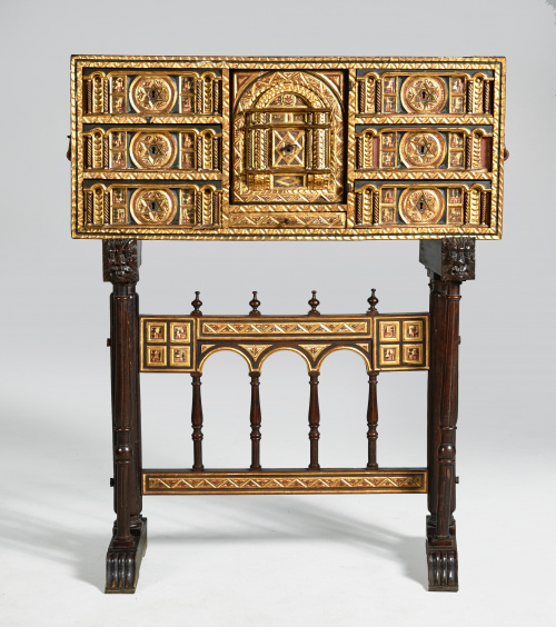 Papelera-escritorio con pie de puente, en nogal y hueso, pa