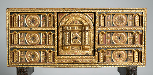 Papelera-escritorio con pie de puente, en nogal y hueso, pa