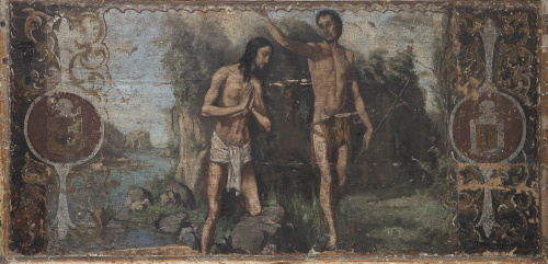 Arcón de madera pintada con lienzo aplicado, representando 