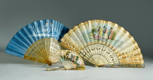 Abanico con país pintado y dorado sobre papel  con escenas 