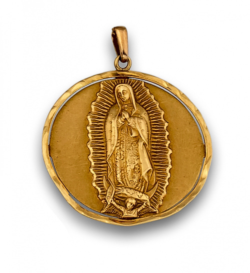 Medalla colgante circular con Virgen de Guadalupe en oro de