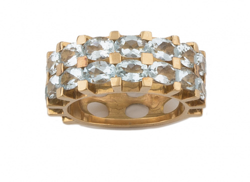 Sortija media alianza con doble línea de aguamarinas talla 